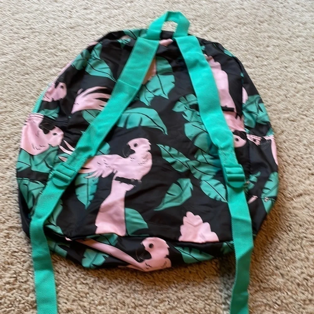 Foldable Black Backpack Flamingos Tropical Leaves Travel Adjustable Strap EUC